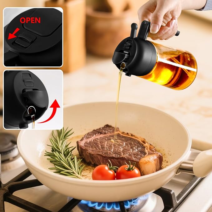 SWEET VIEW 2PCS Oil Sprayer for Cooking 16oz/470ml | Glass Oil Dispenser/Pour Bottle, Kitchen Accessories, Kitchen Gadgets for Air Fryer, Salad, BBQ, with Stickers (Black,Black)