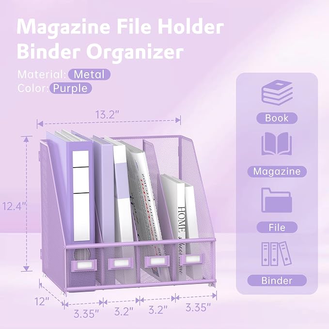 SUPEASY Magazine File Holder Desk Organizer, Metal Binder Holder with 4 Vertical Compartments for Office Home School, Purple