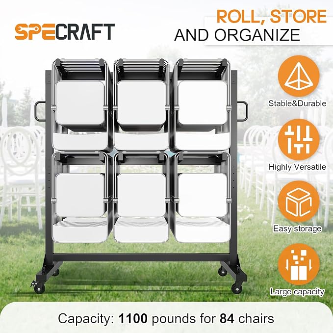 SPECRAFT Folding Chair Rack, Holds 12 Tables or 84 Chairs with 50 PCS Chair Covers, 1100 lbs Capacity, Heavy-Duty Cart with Wheels, Elastic Cords, Cover, Glossy Black
