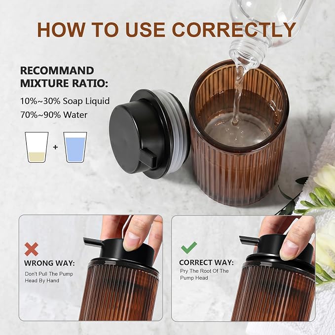 KASUNTING Amber Glass Foaming Soap Dispenser, Ribbed Foam Hand Soap Dispenser for Bathroom, 11 Fl Oz 2 Pack Refillable Foaming Pump Bottle with Black Pump, Modern Dish Soap Foam Dispenser