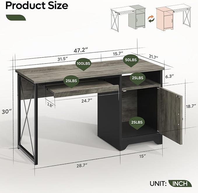 Bestier 47-Inch Office Desk with Storage Cabinet & Keyboard Tray, Grey | 47 Inch Desktop, Right Storage Cabinet, Sliding Keyboard Tray And X-Frame Support Create A Small-Space Home Office Desk.
