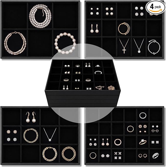 Unittype Set of 4 Stackable Jewelry Organizer Tray for Drawer Inserts Velvet Necklace Earring Bracelet Ring Holder Jewelry Display Storage Box for Bangle Stud Necklace Ring(6/12/15/24 Grid,Black)