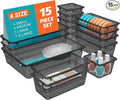 SpaceHacks 15 PCS Clear Plastic Drawer Organizer Set, 4-Size Acrylic Drawer Storage Trays, Storage Bins for Makeup, Gadgets, and Jewelry in Bathroom, Bedroom and Office, Clear Black