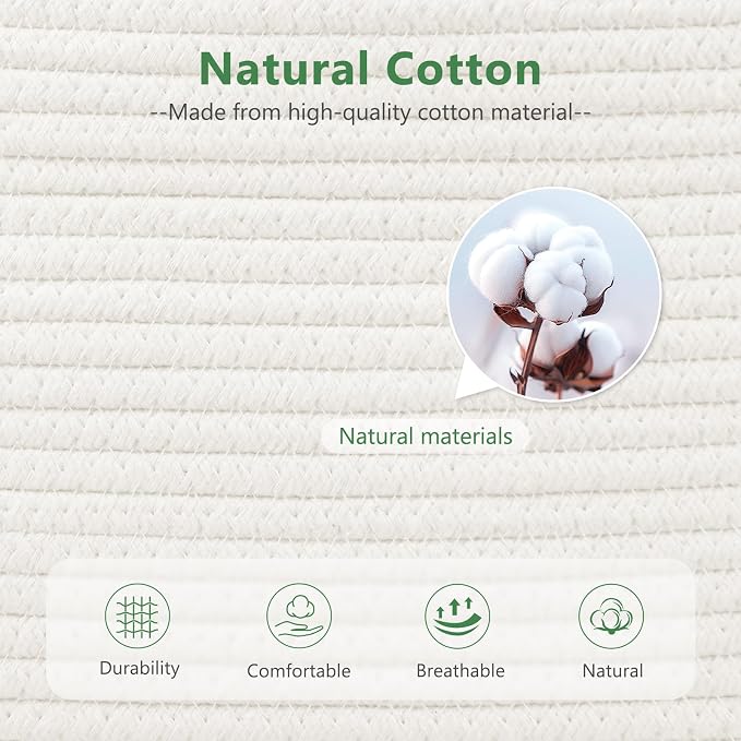 ECDYQXVU 15x10x9 Woven Cotton Rope Storage Basket, Leather Handles 2 Pack | Foldable Design, Sturdy PU Handles, Easy to Clean Organizer for Living Room, Closet, Shelves, Bedroom, Laundry, Clothes