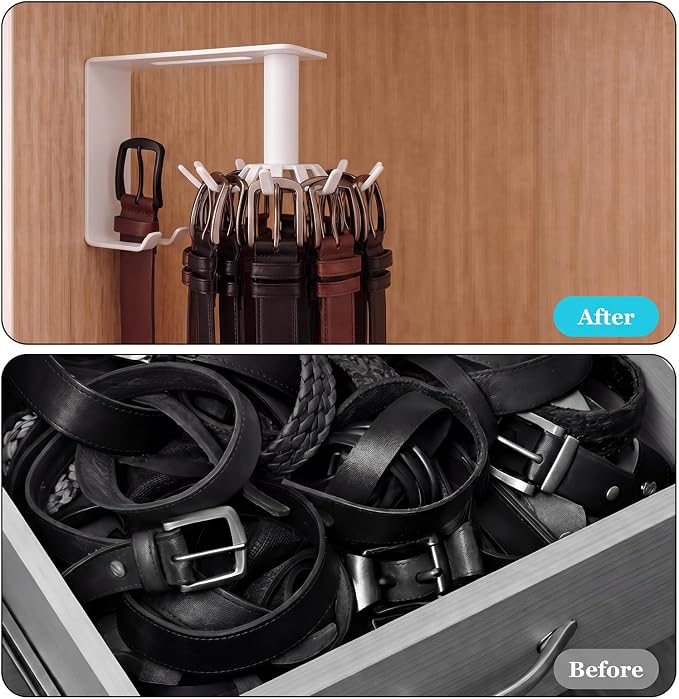 Xuhal 360° Rotatable Belt Hanger Wall Mount Belt Rack for Closet Heavy Duty Carbon Steel Tie Storage Organizer Space Saving Hanging Hook Holder for Bra, Tank Top, Tie, Scarf and Accessories (White)