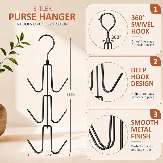 ZEDODIER 4 Pack Purse Organizer for Closet, Heavy-Duty Hanging Purse Hanger Closet Holds Up to 24 Purses, Metal Rotating Space Saving Bag Holder Handbag Storage Hook Backpack Rack, Black