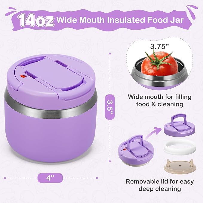 MAXSO 14oz Vacuum Insulated Food Jar with Spoon Buckle Lid, Kids Soup Thermo for Hot Food Wide Mouth Leakproof Stainless Steel Lunch Container - Purple