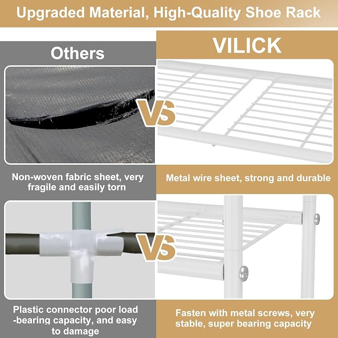 VILICK 3 Tier Shoe Rack 33" Wide Metal Shoe Organizer Long Shoe Storage with 4 Side Hooks Sturdy Shoes Shelf for Front Door Entrance, Closet, Garage, Dorm, White