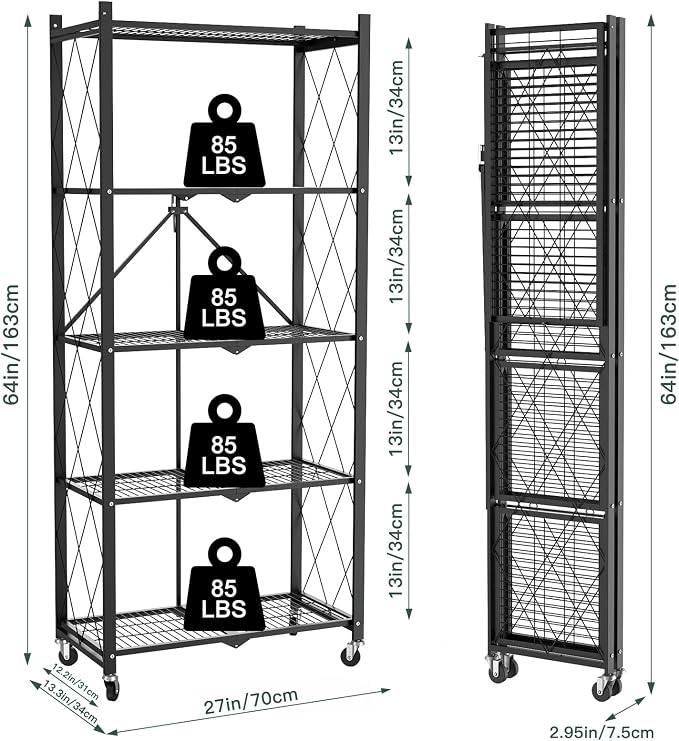5 Tier Foldable Storage Shelves with Wheels -No Assembly Metal Folding Shelves Collapsible Shelving Unit Display Heavy Duty Rolling Shelf for Home Kitchen Office Room (Black, 64" x 13" x 27")