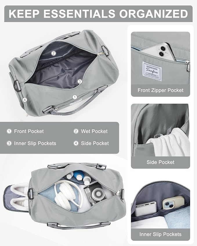 Gym Bag Womens Mens with Shoes Compartment and Wet PocketTravel Duffel Bag for Women for Plane, port Gym Tote Bags Swimming Yoga Small Waterproof Weekend Overnight Carry on Bag Hospital Holdalls