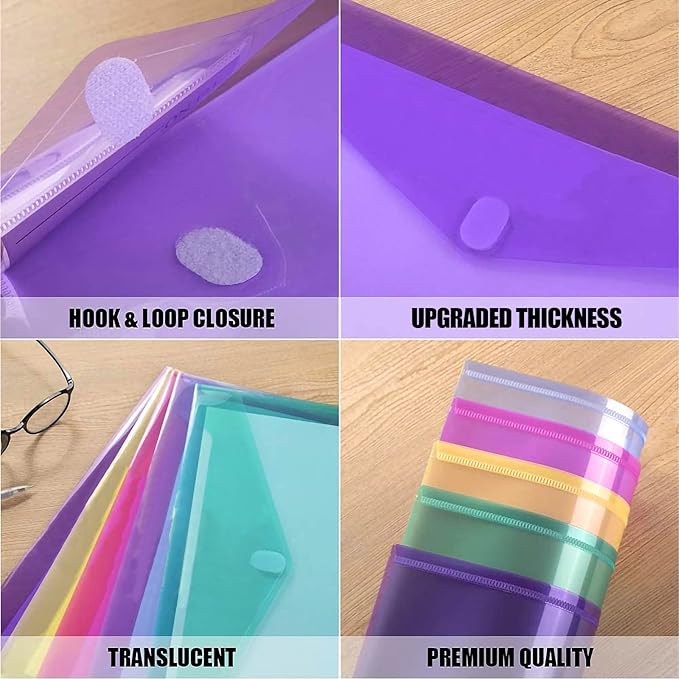 Sooez 12 Pack Plastic Envelopes File Folders, Plastic Folders with Safe Closure, Colored Folder for Documents Organizer Letter/A4 Size, Clear Filing Folder for Office School Supplies Storage, 6 Colors