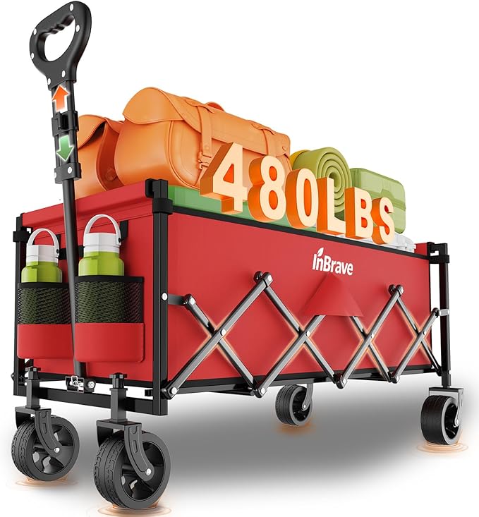 Extra Long Collapsible Wagon Cart, 480LBS Heavy Duty Utility Wagons with All-Terrain Wheels, Foldable Grocery Carts for Gardening, Shopping, Beach, Camping, Cherry Red