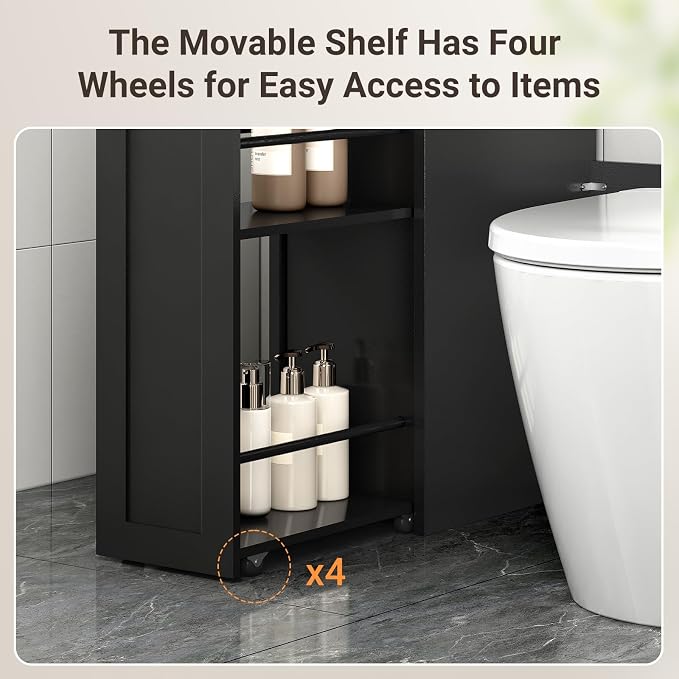ELYKEN Over The Toilet Storage Cabinet with Pulley Bathroom Storage Cabinet, Home Space-Saving Over Toilet Rack with Glass Doors & Adjustable Open Shelf for Bathroom, Restroom, Laundry,Black