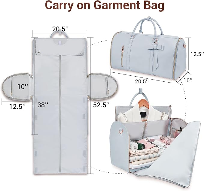 Garment Bags for Travel, Convertible Suit Travel Bag for Women, Stylish Carry On Garment Bag with Toiletry Pocket, Shoulder Strap and Shoes Compartment, 2 in 1 Foldable PU Leather Duffle Bag, Blue
