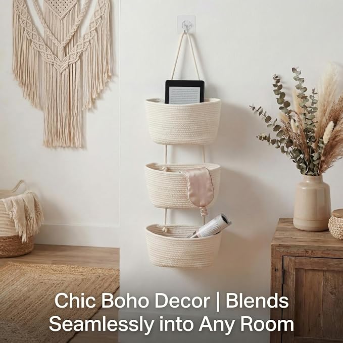 Over the Door Basket Organizer, 3 Tier Hanging Basket with Hooks | Woven Cotton Hanging Over Door Basket for Bedroom, Nursery, Bathroom, Apartment, White Hanging Storage Basket for Organizing