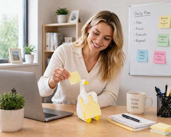 Silly Goose Pop-Up Sticky Note Dispenser for 3 x 3 in Notes, Yellow | Includes 100 sheets; handmade resin decor for office, home or classroom; gift for teachers, coworkers and goose lovers