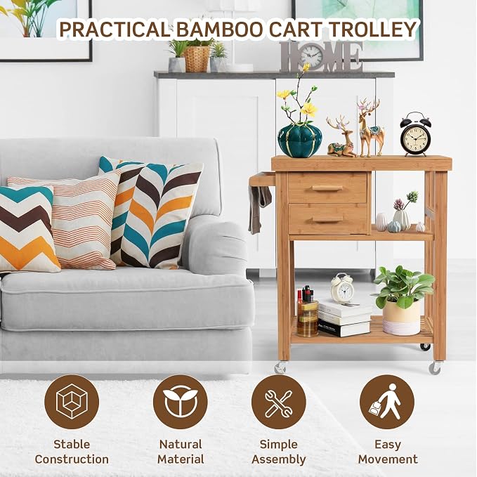 Kitchen Island, Rolling Butcher Block Kitchen Cart on Wheels, Bamboo Kitchen Trolley with Drawers, Shelves, Towel Rack, Small Kitchen Island Cart for Dining Room