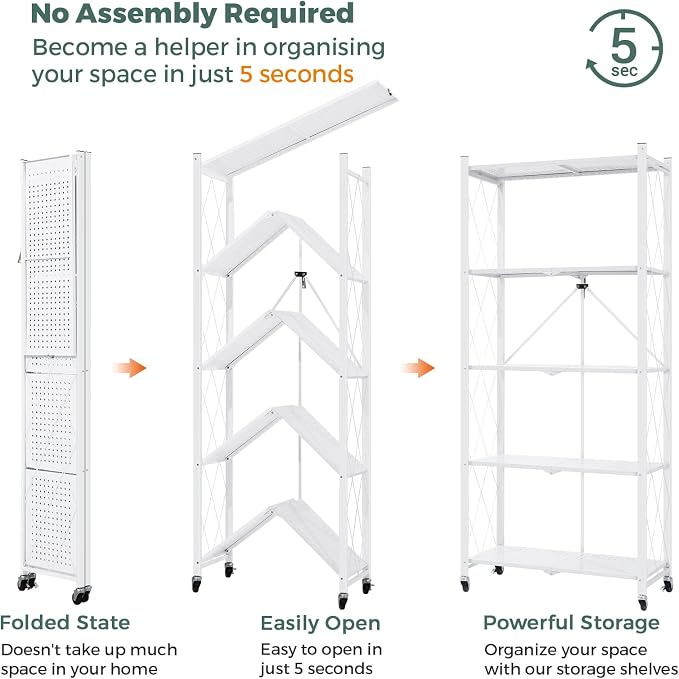 DEANIC 70.7" Tall Extra Large 5-Tier Folding Storage Shelf with Wheels, No Assembly Collapsible Metal Rack with Leveling Feet for Garage, Pantry, Basement, Vendor Display, Kitchen(White,1 Pack)