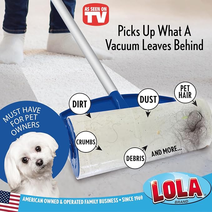 LOLA Rola PET Hair Remover Sticky Mop, Giant Floor Lint Roller, 9.5" x 3.5", Aluminum Handle, Largest Head, Traps Hair, Dust, Dirt, Extra Sticky Sheets