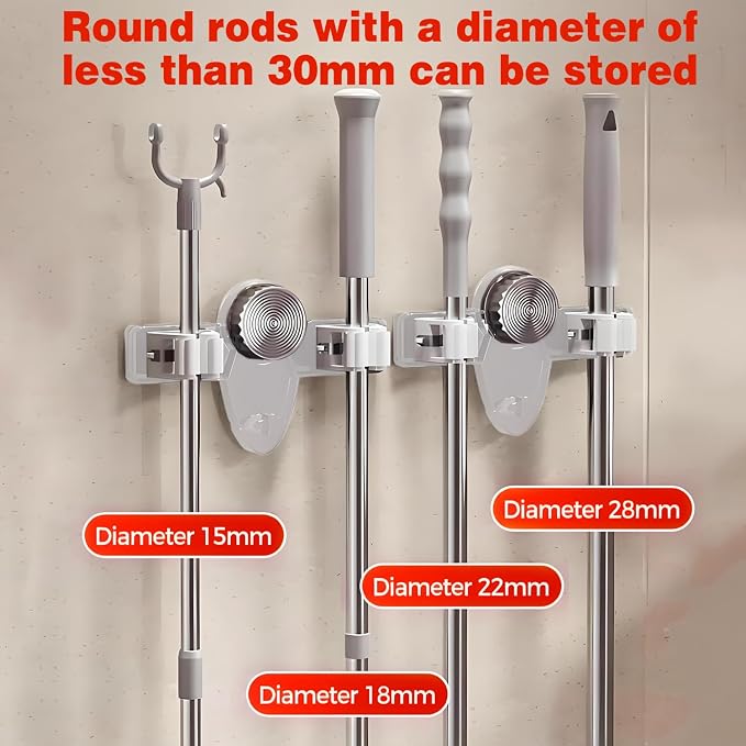 4 Pack Broom Holder Mop Hanger Wall Mount, No Drill Suction Cup Mop and Broom Organizer with Hooks, Space Saving Adjustable Rack Removable Mop Clip for Bathroom, Kitchen, Garage, Laundry Room