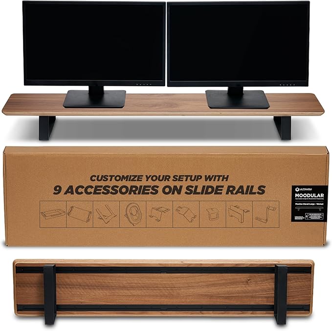 ULTRARM Moodular Wooden Monitor Stand Desk Organizer, Large 45.6" Walnut | Customizable Organized Workspace, Aluminum Slide Rails, 10 Add-Ons Sold Separately: Storage Drawer, Tablet, Phone & More