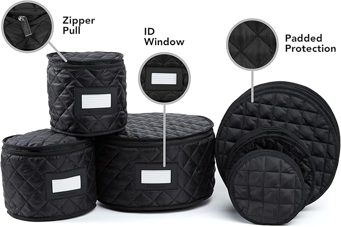 Covermates Keepsakes Dish Storage Set – Padded China & Dinnerware Storage Cases with Dividers, Cup & Stemware Storage, Quilted Polyester Protection, ID Window, Black