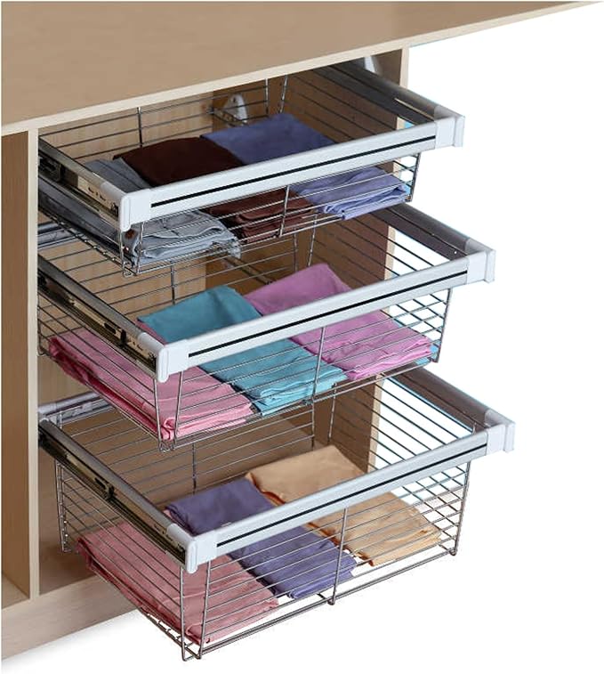 Pull Out Cabinet Storage Basket 1 Piece,Stackable Detachable Baskets,Metal Wire Mesh Storage Basket Organizer,for Kitchen Office Wardrobes Cupboard,Bearing Capacity 30kg(White,460x664x170mm)