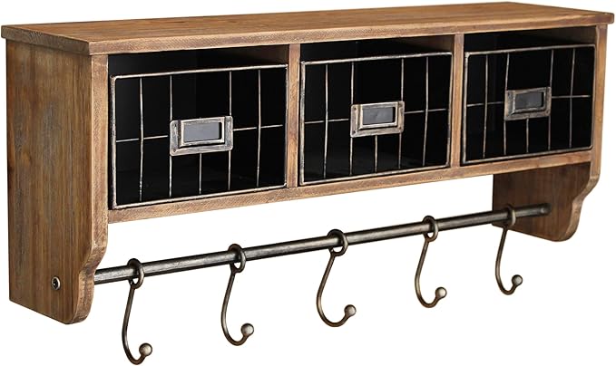 BizChair Wall Mounted Storage Rack - Rustic Brown Solid Pine Wood - 24 Inch - Upper Shelf - 5 Hooks - Wire Baskets - For Entryway, Kitchen, Bathroom