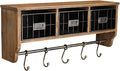 BizChair Wall Mounted Storage Rack - Rustic Brown Solid Pine Wood - 24 Inch - Upper Shelf - 5 Hooks - Wire Baskets - For Entryway, Kitchen, Bathroom