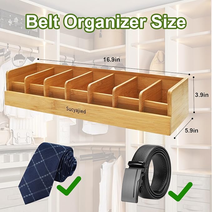 Belt Organizer,Wooden, 7 Compartments | Natural Bamboo Belt Storage Box, For Closet and Drawer, Belt Holder Case, For Belt and Tie , For Men & Women