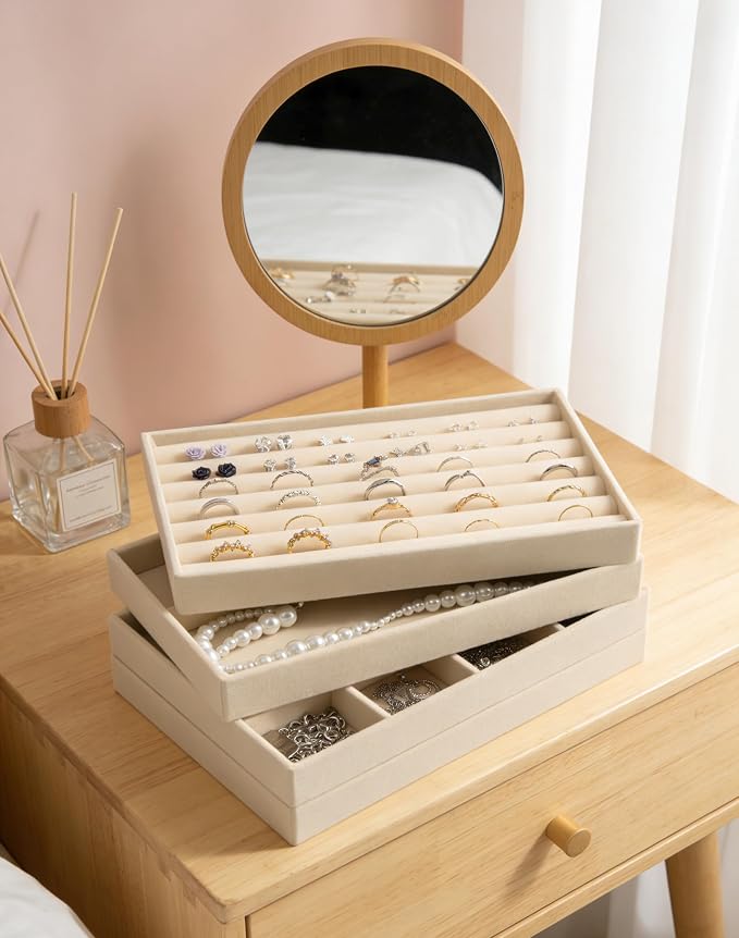 Velvet Jewelry Organizer Trays Set of 4,8.3"x4.9"x0.9",Stackable Storage Drawer Organizers Trays for Earring Ring Necklace Jewelry Display Case(4 Set,Beige)