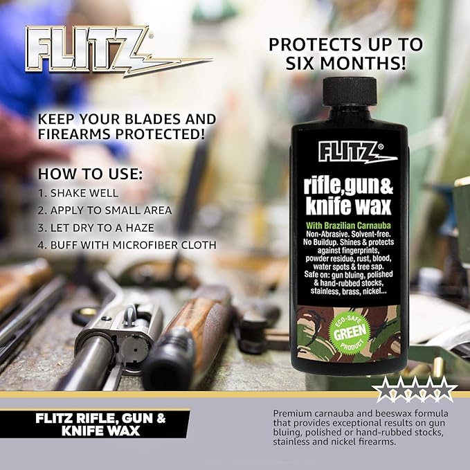 Flitz Rifle, Gun, Knife Wax - 7.6oz Bottle of USA-Made, Premium Beeswax & Carnauba Wax to Polish, Protect, & Remove Water Stains, Fingerprints, Rust - Non-Abrasive, Water-Based Gun Stock Wax (1 Pack)