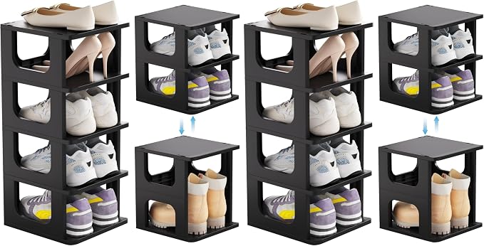 HAIXIN Shoe Organizer Rack for Small Spaces 5 Tier Plastic Vertical Narrow Shelves for Closet Black Shoe Holder, Stand for Entryway Storage Boots Organizer Stackable Cabinet (Pack of 2)