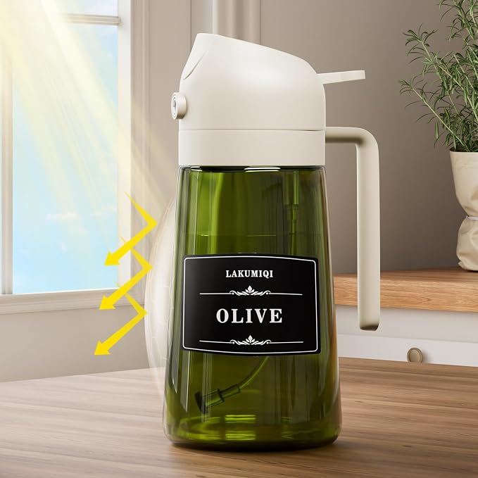 Oliver Oil Sprayer Dispenser for Cooking Bottle 16oz Green Glass BlackWhite | 2-in-1 Lightproof Borosilicate Glass Oil Bottle, Wide Mouth for Easy Refill Clean