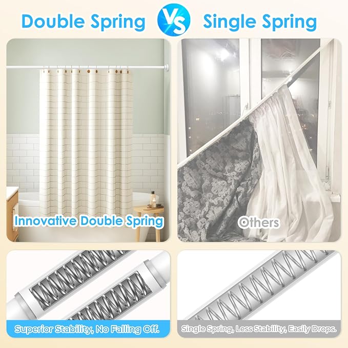 AIZESI Shower Curtain Rod, Adjustable 42-74 Inch Spring Tension Shower Rod, 1" Diameter Tension Curtain Rod No Drilling, Anti-Slip, Premium Stainless Steel Anti-Rust, White
