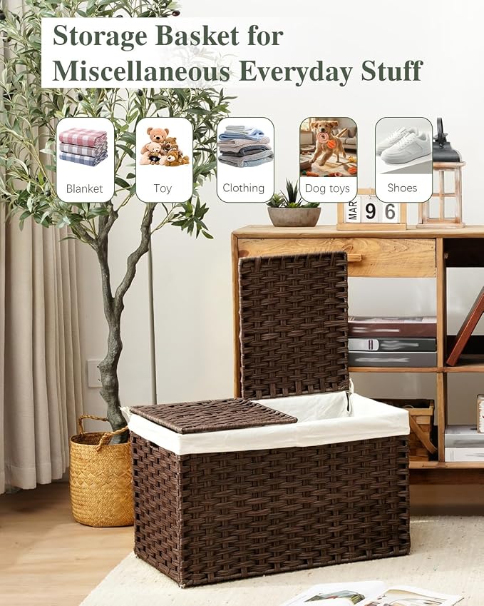 SETVSON Storage Basket with Lid Wicker Baskets for Storage with 2 Separate Lid 42.3 Gallon (160 L) 29.9 x 17.3 x 18.1 Inches Rattan Woven Large Wicker Basket with 2 Liners for Bedroom Laundry Brown