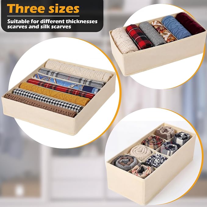 Soft Scarf Organizer for Closet Drawer 3 Set Fabric Storage Bins with 6, 7, and 8 Compartments for Scarves and Accessories Space Saving Closet Organizers Non Damaging Flexible Storage for Home (Beige)