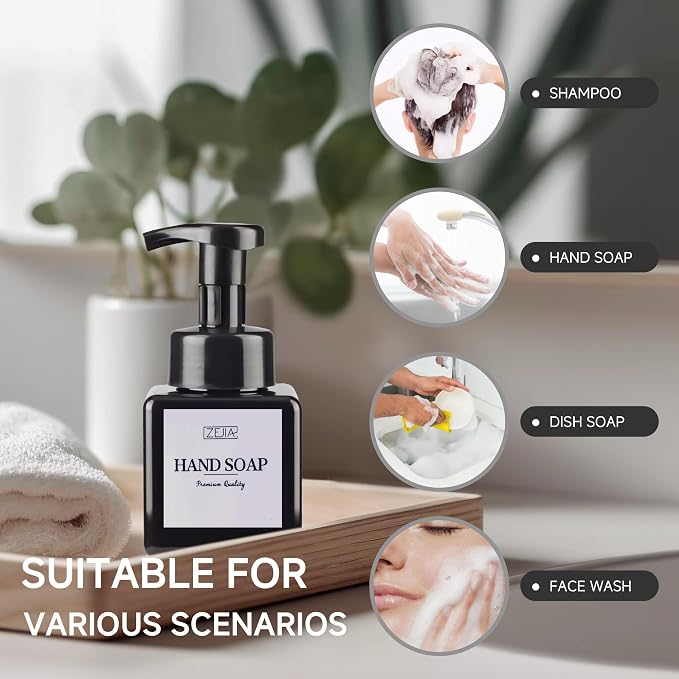250ML Foaming Soap Dispenser, 2-Pack Plastic Hand Soap Dispenser, Refillable Leakproof Foam Pump Bottle with Waterproof Labels, for Shampoo, Body Wash