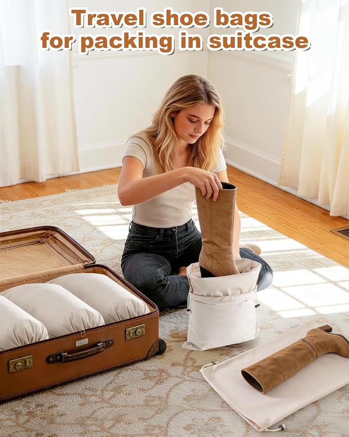4 Pcs Shoe Bags for Travel, Large Boot Bag, Beige, 21.2x13.3 Inch | Washable & Reusable Travel Shoe Bags, Dustproof Shoe Bags with Drawstring Closure, Suitable for Travel, Home Storage