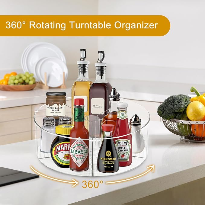 Large Lazy Susan Rotating Turntable Organizer with 5 Dividers - for Kitchen, Bathroom, Cabinet, Pantry, Fridge, Countertop, Vanity - Spinning Food Storage Container for Spices, Condiments-11.5", Clear