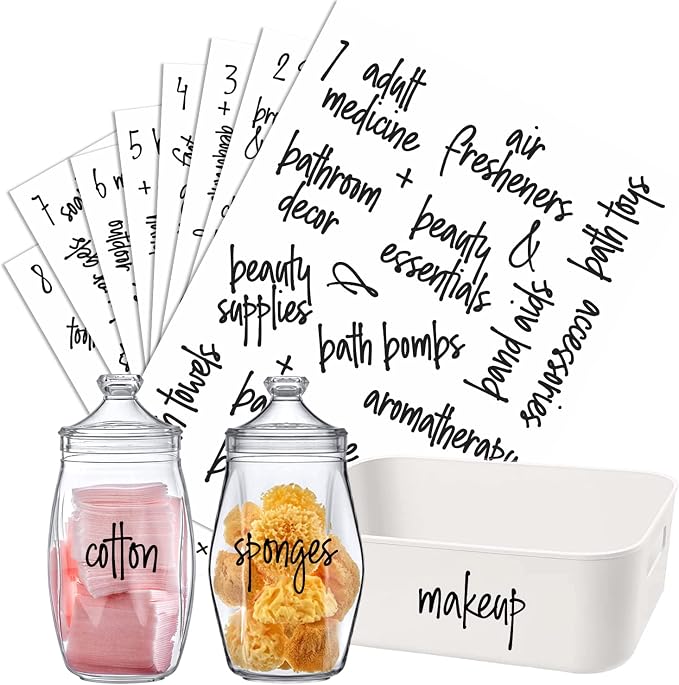 153 Bathroom Organization Labels, Prefdo Waterproof Black Script Preprinted on Clear Stickers for Storage Bins Bathroom Containers Hand Soap Labels Bottles Makeup Organizer (Black)