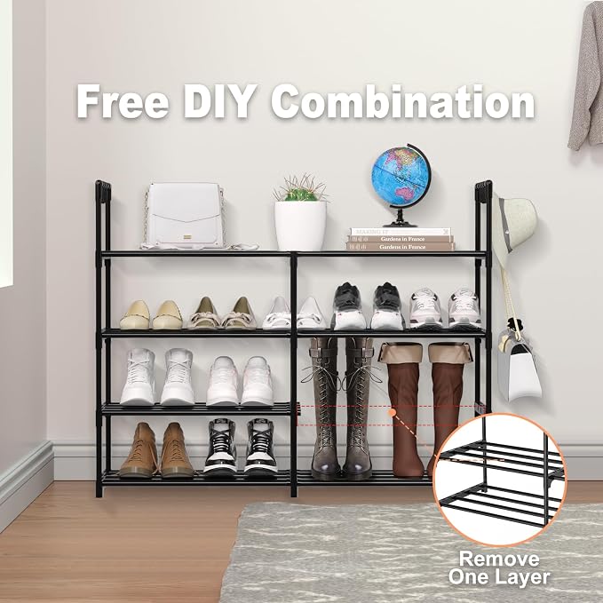 2 Rows 4 Tier Shoe Rack, Black Metal Stackable Shoe Shelf with Multifunctional Hooks, Hold 16-20 Pairs, Space Saving Shoe Organizer for Closet, Bedroom