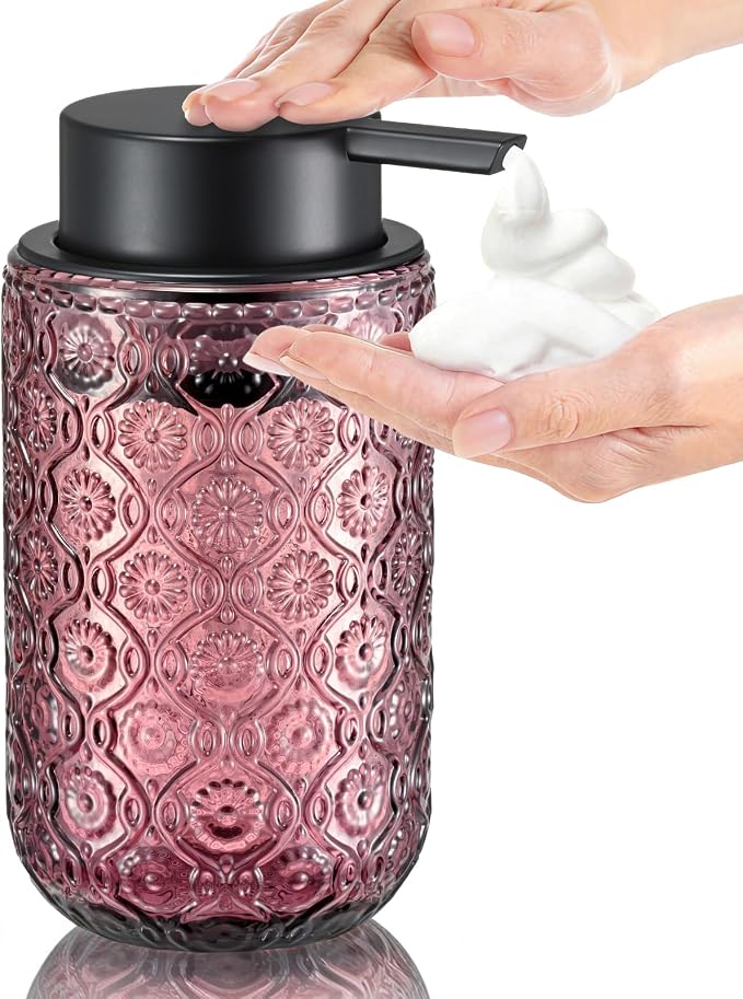 Pink Glass Foaming Hand Soap Dispenser with Matte Black Pump Thick Embossed Bottle Refillable for Bathroom and Kitchen Decor 13.5 oz