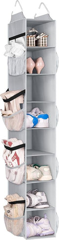 SLEEPING LAMB 8 Shelves Hanging Shoe Rack Hanger, Narrow Hanging Shoe Organizer for Closet Storage Clothes, Gloves, Bags, with 8 Large Mesh Pockets to Hold 16 Pairs Shoes in Dorm, Grey