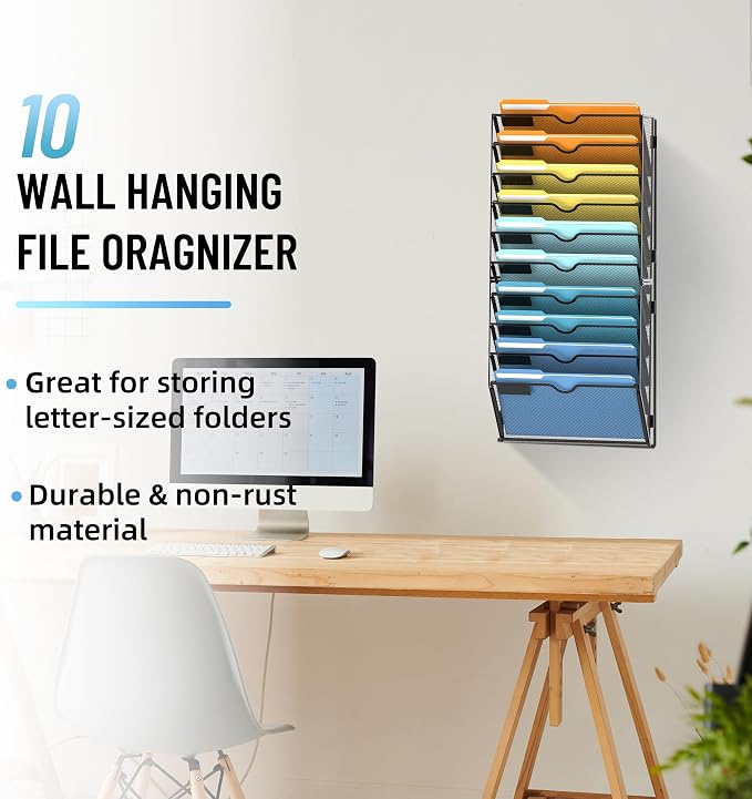 SUPEASY 10-Tier Wall File Holder Organizer with Hooks, Mesh Hanging File Organizer, Mail Organizer Wall Mounted for Papers, Folders, Office Magazine Rack, Black