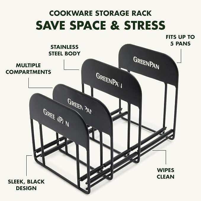 GreenPan Stainless Steel Wire Cookware Storage Rack, 5 Frying Pan Compartments, Countertop or Cabinent Organizer, Minimizes Clutter, Fast Drying, Wipes Clean, Black