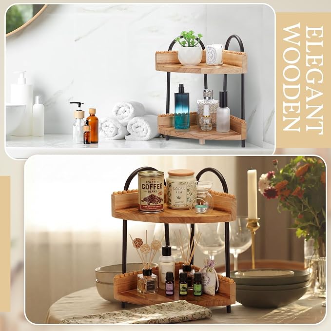 AceOrbit 2 Tier Bathroom Corner Counter Organizer Countertop Organizer, Vanity Counter Corner Shelf for Cosmetic Skincare Perfume, Wood Bead Storage and Organization for Bathroom Kitchen