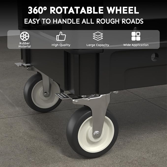 Plastic Utility Cart on Wheels, 40 x 17 Inch Rolling Service Cart-Black | 2 Shelf Work Carts, 500 lbs Capacity Heavy Duty Tool Cart W/Tub Storage & Deep Shelve, for Warehouse, Garage, Cleaning