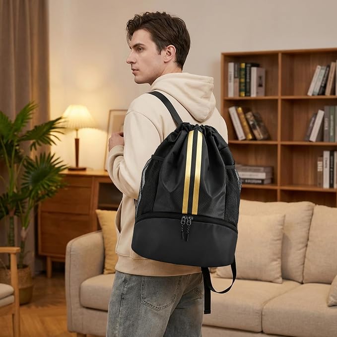 Black Gold Sports Drawstring Backpack with Shoes Compartment, String Gym Bag with Wet Proof Pocket for Basketball, Soccer, Swim, Sport Bag for Men and Women