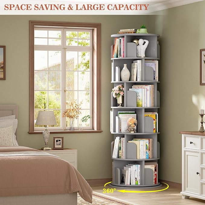 Aheaplus 6 Tier Rotating Bookshelf, Wood Spinning Bookshelf Tower, Round Revolving 360 Bookcase, Narrow Turning Book Shelf Rolling Corner Organizer for Small Space, Bedroom, Office, Grey